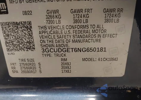 2022 Chevrolet Silverado 1500 4Wd Short Bed Ltz z USA, uszkodzony, nr VIN 3GCUDGET6NG650181